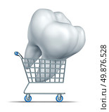 Dental insurance shopping and choosing an affordable tooth protection strategy including medical group plan that lowers the price of oral care including braces root canal and fixing teeth costs with a cart carrying a molar. Стоковое фото, агентство Ingram Publishing / Фотобанк Лори