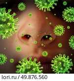 Nasal infection as a contagious sinus disease transmitting a virus with a human nose and nostrils spreading dangerous infectious germs and bacteria while sneezing during a cold or flu symptoms. Стоковое фото, агентство Ingram Publishing / Фотобанк Лори