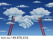 Agreement plan and business deal with a business group of two businessmen climbing ladders working together in partnership to shape clouds in the sky as a symbolic handshake. Стоковое фото, агентство Ingram Publishing / Фотобанк Лори