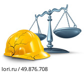 Construction injury law and work accident and health hazards on the job as a broken cracked yellow hardhat helmet and a scale of justice in a legal concept of worker compensation issues on a white background. Стоковое фото, агентство Ingram Publishing / Фотобанк Лори