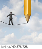 Risk planning and leadership solutions with a businessman walking on a dangerous tight rope with a pencil drawing the future path with the road ahead as a business concept of adapting to change for success. Стоковое фото, агентство Ingram Publishing / Фотобанк Лори
