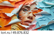 An obscured womans face is unveiled as torn paper reveals her features. The torn paper creates a unique frame around her face. Стоковое AI-изображение, AI-художник Данила Большаков / Фотобанк Лори