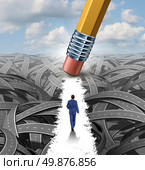 Clear the confusion leadership solutions with a businessman walking through a group of tangled roads opened up by a pencil eraser as a business concept of innovative thinking for financial success. Стоковое фото, агентство Ingram Publishing / Фотобанк Лори