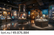 The image shows a vast collection of various types of clocks on display in a museum, showcasing the history and evolution of timekeeping devices. Стоковое AI-изображение, AI-художник Данила Большаков / Фотобанк Лори