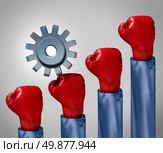 Competitive climb and overcoming adversity business concept and symbol for conquering challenges as a single gear or cog climbing a rising group of red boxing gloves representing competition. Стоковое фото, агентство Ingram Publishing / Фотобанк Лори