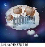 Counting sheep concept as a symbol of insomnia and lack of sleep due to challenges in falling asleep as a group of farm animals jumping over a fence in a dream bubble as an icon of bedtime for sleepy children and tired adults. Стоковое фото, агентство Ingram Publishing / Фотобанк Лори