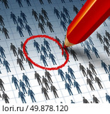 Choosing a team concept with a red pencil highlighting a drawing of a group of business people as a teamwork symbol of selecting the best social network for marketing and communication success in the internet age. Стоковое фото, агентство Ingram Publishing / Фотобанк Лори