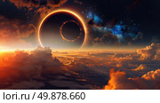 A black hole ominously swirls in the sky, exhibiting its intense gravitational pull. Стоковое AI-изображение, AI-художник Данила Большаков / Фотобанк Лори
