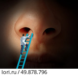 Medical nose care concept with a doctor climbing a ladder to examin if rhinoplasty or cosmetic plastic surgery is needed and for a diagnosis on a patient that may have breathing problems due to infection or nasal or sinus disease. Стоковое фото, агентство Ingram Publishing / Фотобанк Лори