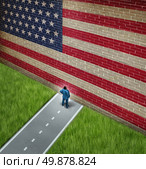 Closed America  and United States government shutdown concept as a metaphor for US closure or strict immigration policy as a businessman on a road blocked  by giant brick wall with a painted flag blocking entrance as a trade or business barrier. Стоковое фото, агентство Ingram Publishing / Фотобанк Лори
