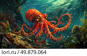 A detailed painting of an octopus gracefully gliding through the deep blue waters of the ocean, surrounded by colorful coral reefs and schools of fish. Стоковое AI-изображение, AI-художник Данила Большаков / Фотобанк Лори