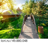 Decorative bridge near pines and wooden houses. Стоковое фото, агентство Ingram Publishing / Фотобанк Лори