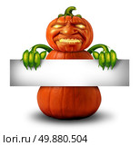 Halloween character message sign as a pumpkin with human expression and plant body and hands holding a blank banner sign as a scary jack o lantern Halloween message or autumn on a white background. Стоковое фото, агентство Ingram Publishing / Фотобанк Лори