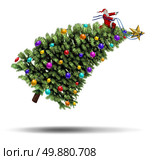 Christmas rush and bustle winter holiday concept with Santaclause sitting on a decorated pine tree that is flying in the air being guided with a harness like a magical sled by Santa wearing a red suit on a white background. Стоковое фото, агентство Ingram Publishing / Фотобанк Лори