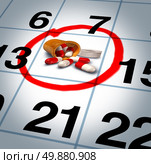 Medicine reminder health care concept as a month calendar with a prescription pill bottle circled and highlighted as a metaphor for a patient to remember taking their medication at a scheduled time and expiration date for pills. Стоковое фото, агентство Ingram Publishing / Фотобанк Лори