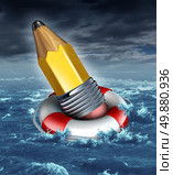 Creative help and support in a business concept as a yellow pencil being saved by a life belt or lifesaver in a stormy ocean scene as a metaphor for creativity challenges or risk and saving good ideas. Стоковое фото, агентство Ingram Publishing / Фотобанк Лори