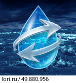 Water sanitation and recycling H2o concept with a water droplet encircled with two arrows on an ocean or body of water with waves as a metaphor for clean purified drinking without the fear of toxic contamination. Стоковое фото, агентство Ingram Publishing / Фотобанк Лори