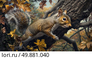 A painting of a squirrel perched on a tree branch, with a realistic depiction of the animal and its surroundings. Стоковое AI-изображение, AI-художник Данила Большаков / Фотобанк Лори