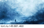 A painting depicting a man enduring a fierce storm, standing strong amidst crashing waves and lightning strikes. Стоковое AI-изображение, AI-художник Данила Большаков / Фотобанк Лори