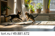 Two young kittens engaging in playful behavior on the floor, chasing each other and batting at one another with their paws. Стоковое AI-изображение, AI-художник Данила Большаков / Фотобанк Лори