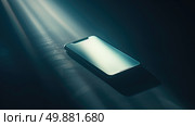 A cell phone lies idle in the center of a dimly lit room, surrounded by darkness. Стоковое AI-изображение, AI-художник Данила Большаков / Фотобанк Лори