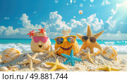 A beach scene featuring starfish, various shells, and sunglasses scattered on the sand under the clear sky. Стоковое AI-изображение, AI-художник Данила Большаков / Фотобанк Лори