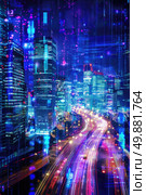A bustling city illuminated by a myriad of lights at night, creating a vibrant and dynamic urban landscape. Стоковое AI-изображение, AI-художник Данила Большаков / Фотобанк Лори