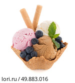 Ice cream scoops in wafer bowl on white background. Стоковое фото, агентство Ingram Publishing / Фотобанк Лори