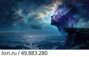 A solitary figure observes a striking nebula silhouette forming a human profile against a twilight sky above a tumultuous sea. Стоковое AI-изображение, AI-художник Данила Большаков / Фотобанк Лори