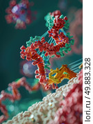 A vivid, close-up representation of a DNA molecule undergoing replication, showcasing the double helix and nucleotides. Стоковое AI-изображение, AI-художник Данила Большаков / Фотобанк Лори