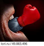 Business negotiator and fighting words as a concept of freedom of expression and the fight for legal  justice system as with a screaming mouth and a red boxing glove emerging out as a metaphor for the voice of justice. Стоковое фото, агентство Ingram Publishing / Фотобанк Лори