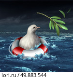 Diplomatic crisis and war distress concept with a drowning white dove in an ocean during a storm losing his olive branch as a metaphor for lost opportunity for peace and human rights protection resulting in more wartime suffering. Стоковое фото, агентство Ingram Publishing / Фотобанк Лори