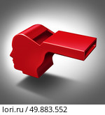 Whistle blower or whistleblower concept as a symbol of exposing corruption and misconduct for people who do not follw the rules or self defense icon with a red whistling object shaped as a human head. Стоковое фото, агентство Ingram Publishing / Фотобанк Лори