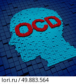 Obsessive compulsive disorder or OCD medical concept as a human head and letters made of organized  three dimensional cubes as a symbol of the anxiety symptoms of obsessions and compulsive behavior caused by psychological issues of nervouse repetitive rituals. Стоковое фото, агентство Ingram Publishing / Фотобанк Лори