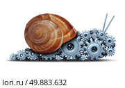 Slow Business concept as a snail shaped as a group of gears and cogs as a financial motor metaphor for sluggish progress technology and innovation delays or economic engine progress on a white background. Стоковое фото, агентство Ingram Publishing / Фотобанк Лори