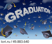 Graduation celebration concept as a group of mortar boards thrown up to the sky with the word for graduate success made from clouds as an education symbol of university or school completion. Стоковое фото, агентство Ingram Publishing / Фотобанк Лори