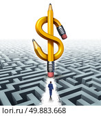 Wealth success solutions business concept as a businessman walking over a maze with a cleared path made by an eraser from a dollar shaped pencil as a metaphor for financial freedom guidance. Стоковое фото, агентство Ingram Publishing / Фотобанк Лори