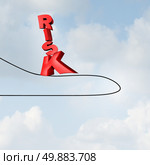 Changing risk direction business concept with a three dimensional text walking on a tightrope high wire up in the sky that has changed direction as a balance metaphor for challenges and stress on the path to investment strategy. Стоковое фото, агентство Ingram Publishing / Фотобанк Лори