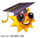 Summer learning and school education concept as a happy three dimensional sun character wearing a graduation hat or mortar cap as a student symbol of academic extracurricular courses in the hot seasonal months isolated on white. Стоковое фото, агентство Ingram Publishing / Фотобанк Лори