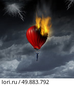 Career Crisis and trouble ahead business concept with a businessman during a lightning and thunder storm flying up with a red hot air balloon that is on fire as a metaphor for work crisis and challenges to a miscalculated planned journey strategy. Стоковое фото, агентство Ingram Publishing / Фотобанк Лори