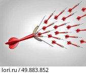 Increasing economic opportunities with innovation as a business concept as a red dart flying with the tip opening up and releasing a large group of smaller darts as a financial metaphor for increased chance of hitting your target and achieving goals. Стоковое фото, агентство Ingram Publishing / Фотобанк Лори