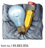 Hot creative and creativity concept as a lightbulb and pencil in love sleeping in bed together as a synergy metaphor between two partners for a successful collaboration uniting skills and talents for an energetic union. Стоковое фото, агентство Ingram Publishing / Фотобанк Лори