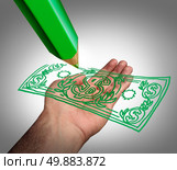 Making money business concept as a green pencil drawing a dollar currency on an open hand as a symbol of creating wealth or government subsidies for lobby groups or payment of a refund. Стоковое фото, агентство Ingram Publishing / Фотобанк Лори