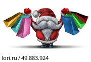 Christmas shopping spree  as a fun Santa clause with a white beard and a red snow costume holding retail gift bags for holiday buying fun and joyous winter sale holiday celebration on a white background. Стоковое фото, агентство Ingram Publishing / Фотобанк Лори