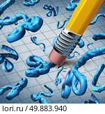 Ebola virus treatment medical concept as a pencil metaphor erasing three dimensional dangerous microbes causing hemorrhagic fever as a human health symbol for fighting dangers of an infectious disease from a deadly microorganism through research for a cure. Стоковое фото, агентство Ingram Publishing / Фотобанк Лори