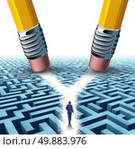 Solution crossroad business concept as a three dimensional maze or labyrinth being erased by two pencils clearing a cross road path for a confused businessman as a symbol for choosing the pathway to success. Стоковое фото, агентство Ingram Publishing / Фотобанк Лори