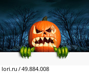 Demon pumpkin sign as an angry scary orange  jack o lantern in a haunted dark autumn forest holding a blank sign with copy space as a symbol of a fun frightful seasonal holiday concept. Стоковое фото, агентство Ingram Publishing / Фотобанк Лори