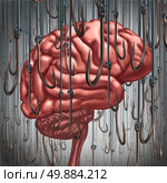 Addiction and dependency concept as a human brain being lured and surrounded by fishing hooks as a risk symbol and metaphor for a drug addict or the danger of alcoholism gambling and drug abuse smoking as a mental health problem. Стоковое фото, агентство Ingram Publishing / Фотобанк Лори
