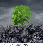 Rehabilitation concept and rehabilitate a suffering patient medical and mental health symbol going through rehab for drug abuse or emotional damage as a sapling tree with green leaves shaped as a human head growing out of a heap of garbage bags. Стоковое фото, агентство Ingram Publishing / Фотобанк Лори