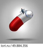 Medication control health care concept as a patient riding and piloting a giant capsule pill using a harness as a metaphor for controlling the dose in medical therapy or avoiding prescription drug abuse leading to addiction. Стоковое фото, агентство Ingram Publishing / Фотобанк Лори